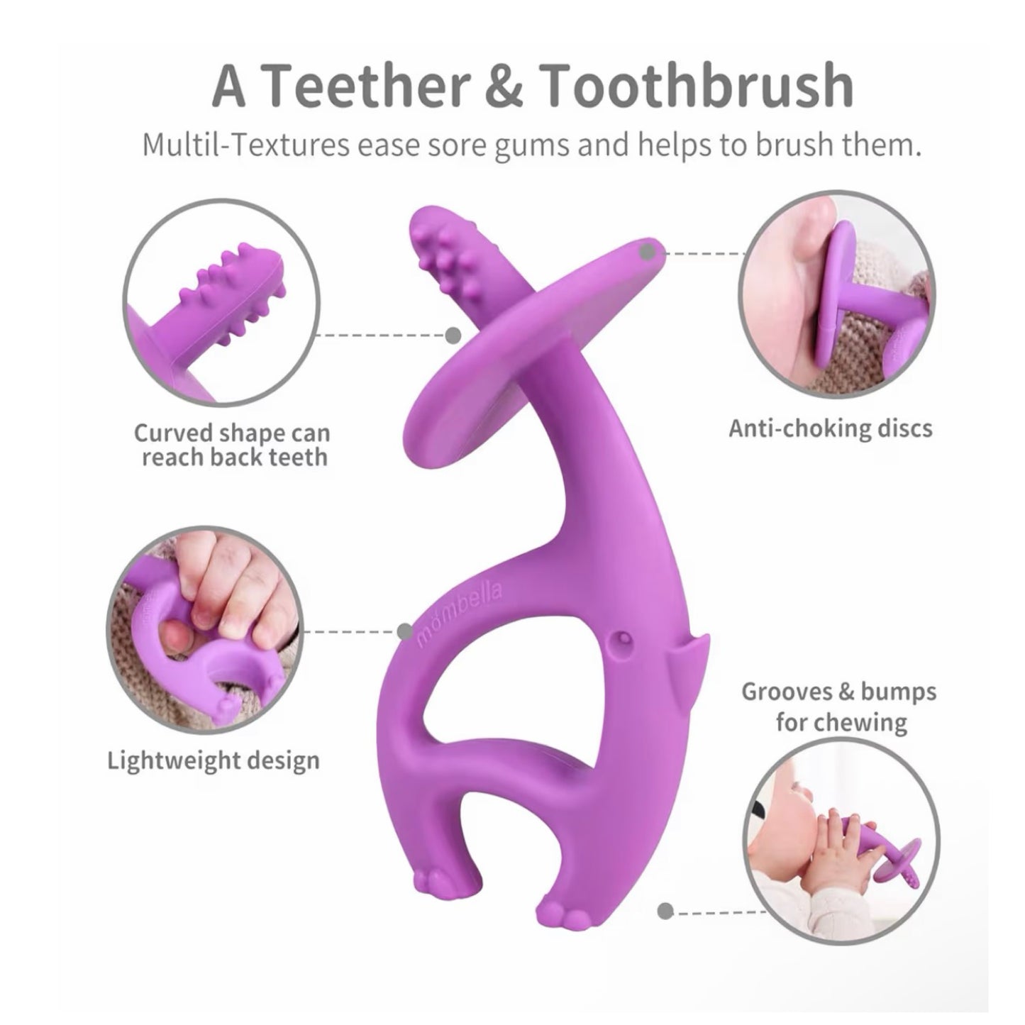 Mombella 2-in-1 silikoninis kramtukas su laikikliu „Drambliukas“
