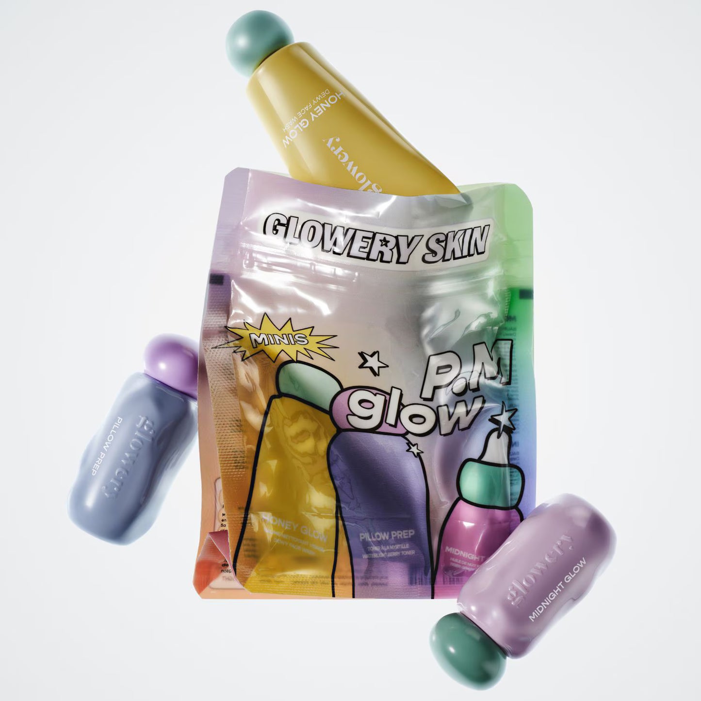 GLOWERY Minis P.M. Glow – naktinė veido priežiūros regeneruojanti mini trijulė