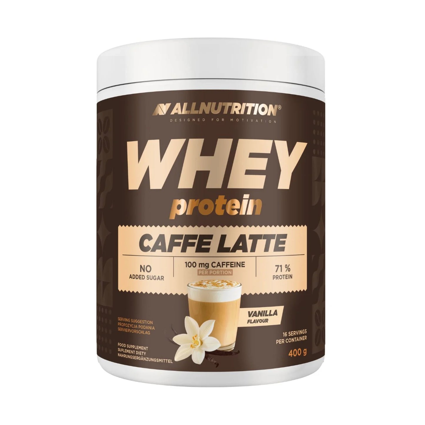 AllNutrition Whey Protein Caffè Latte – Baltyminė Kava su Kofeinu (400 g)