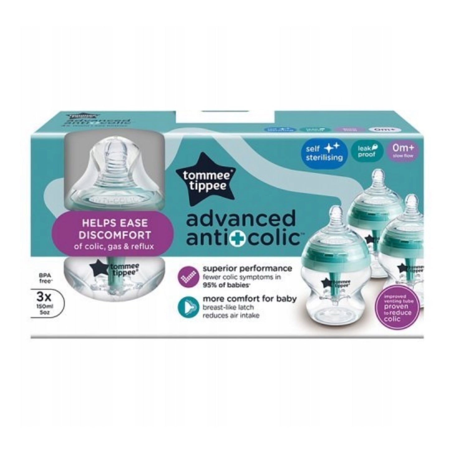 Tommee Tippee „Advanced Anti-Colic“ buteliukų rinkinys kūdikiams, 3 vnt. x 150 ml, BPA Free