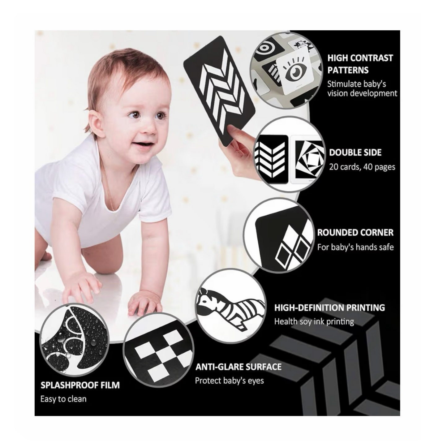 Juodai baltos sensorinės kortelės kūdikiams (0–12 mėn.)