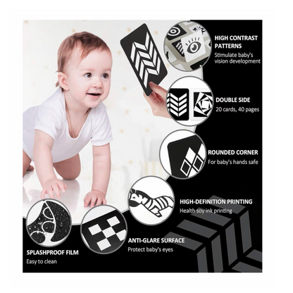 Juodai baltos sensorinės kortelės kūdikiams (0–12 mėn.)