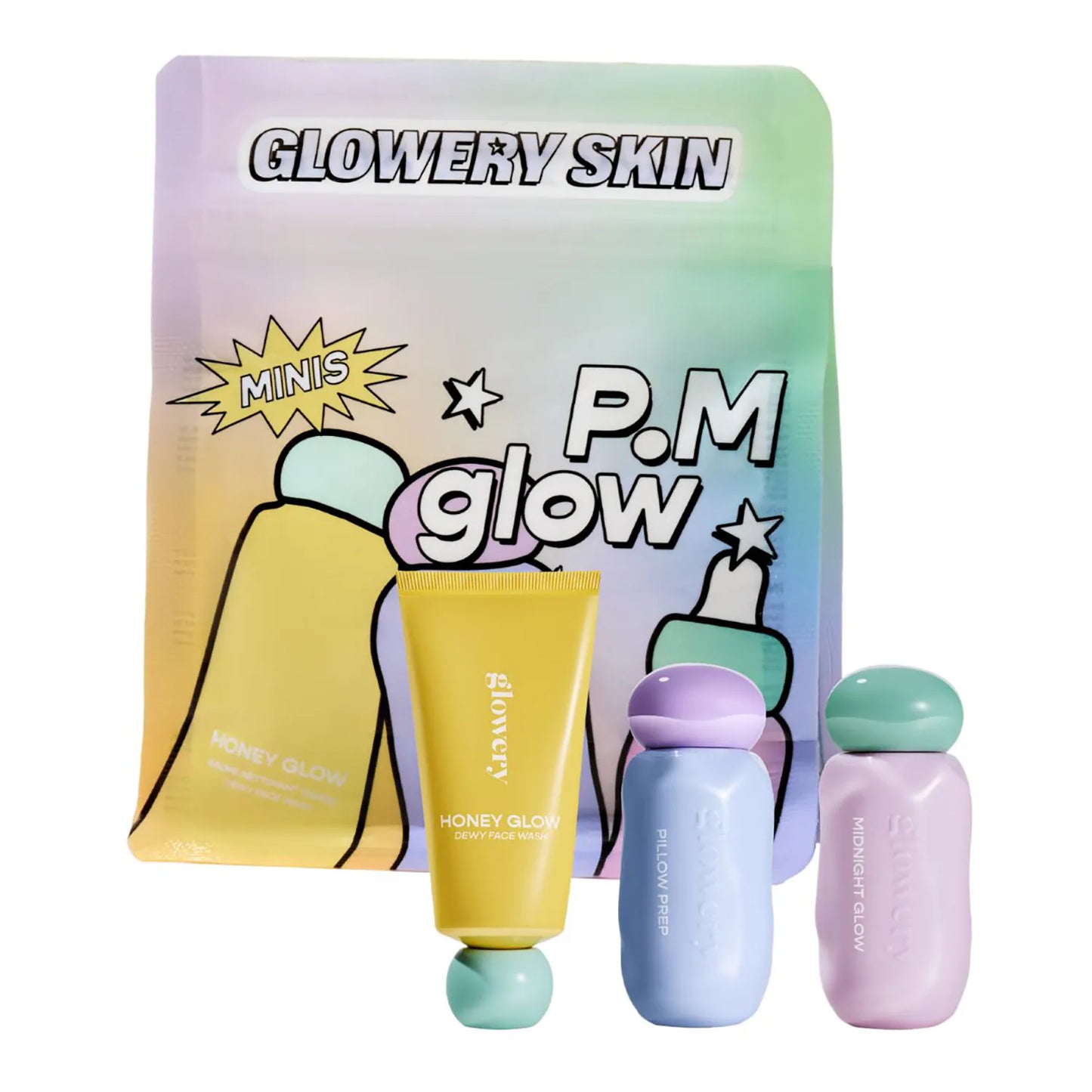 GLOWERY Minis P.M. Glow – naktinė veido priežiūros regeneruojanti mini trijulė