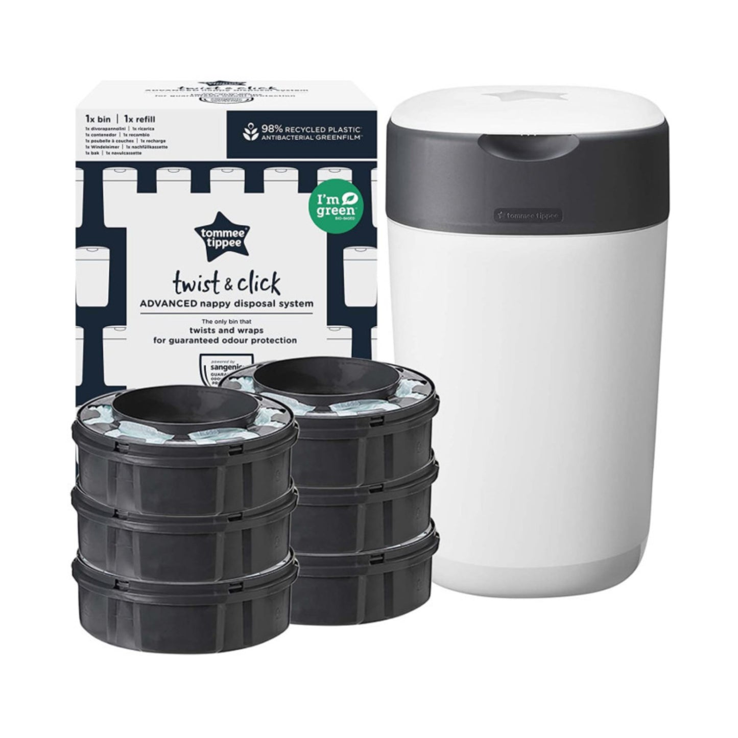 TOMMEE TIPPEE SANGENIC TWIST AND CLICK ADVANCED Sauskelnių konteinerio ir 6vnt. Kasečių rinkinys, WHITE