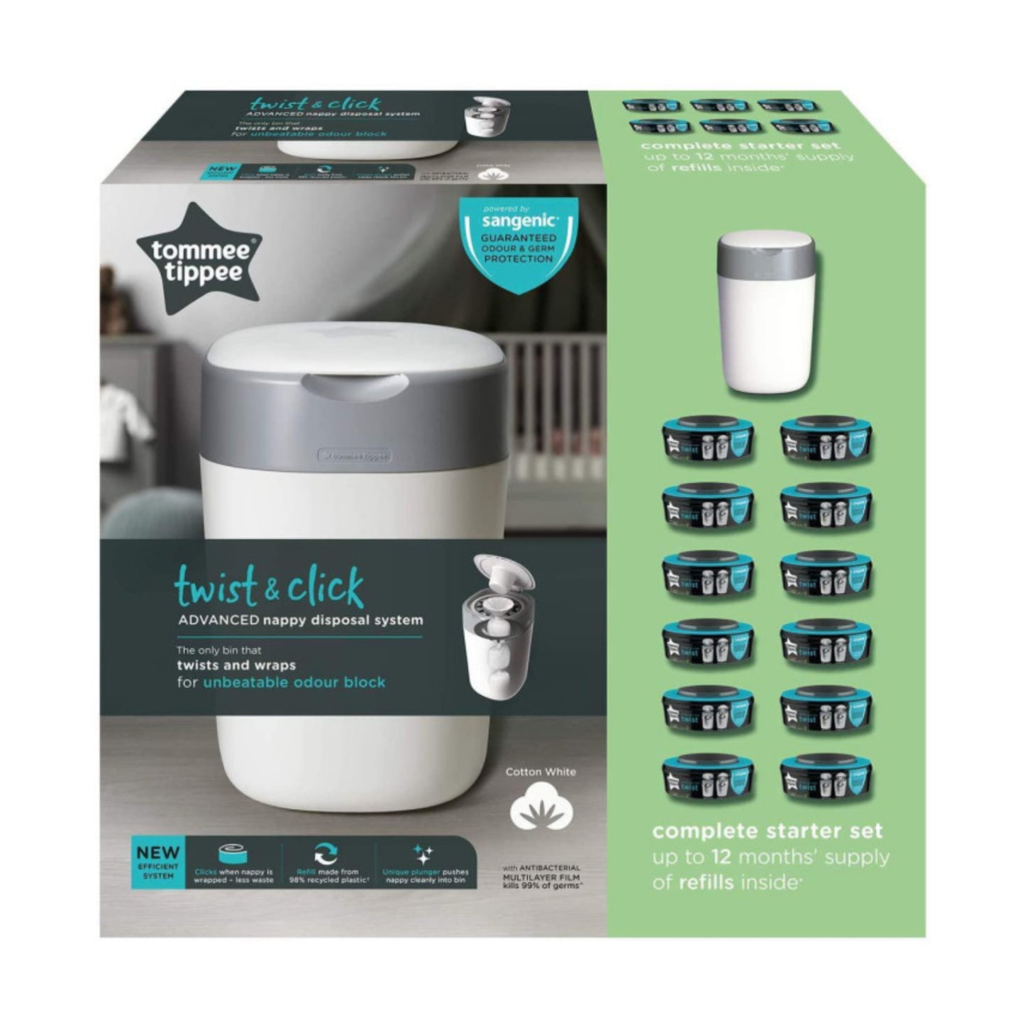 TOMMEE TIPPEE TWIST AND CLICK ADVANCED Sauskelnių konteinerio ir 12vnt. Kasečių rinkinys, WHITE