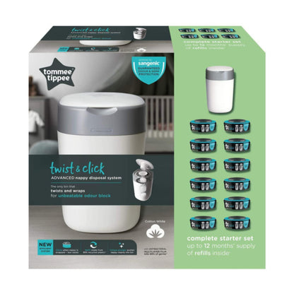 TOMMEE TIPPEE TWIST AND CLICK ADVANCED Sauskelnių konteinerio ir 12vnt. Kasečių rinkinys, WHITE