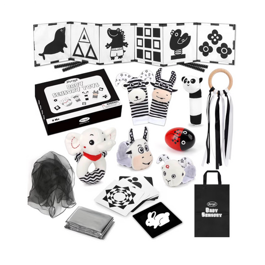 Juodai baltas sensorinių žaislų rinkinys kūdikiams (0–6 mėn.)