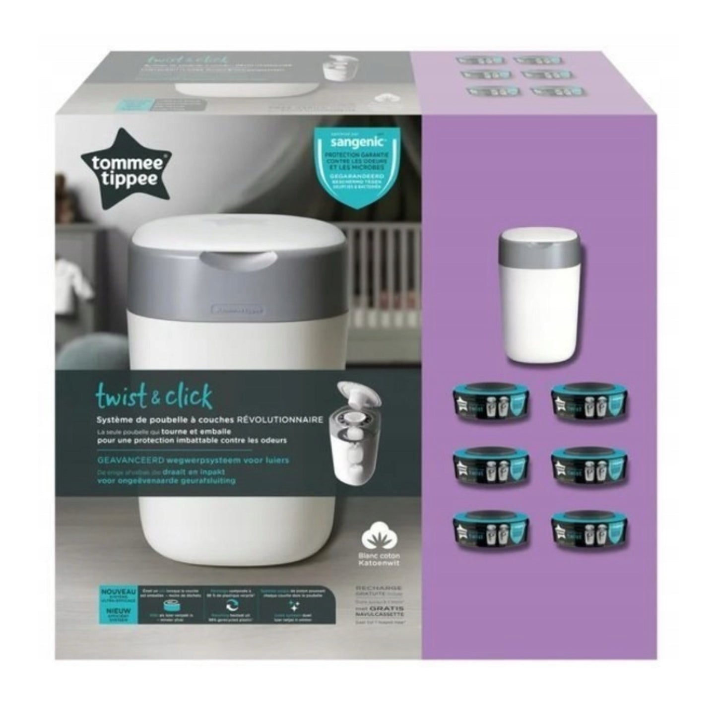 TOMMEE TIPPEE SANGENIC TWIST AND CLICK ADVANCED Sauskelnių konteinerio ir 6vnt. Kasečių rinkinys, WHITE