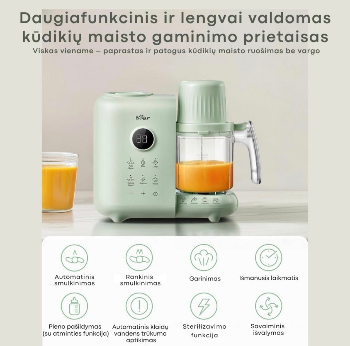 BEAR 6in1 garintuvas trintuvas su savaiminio išsivalymo, sterilizavimo ir pieno šildymo funkcija