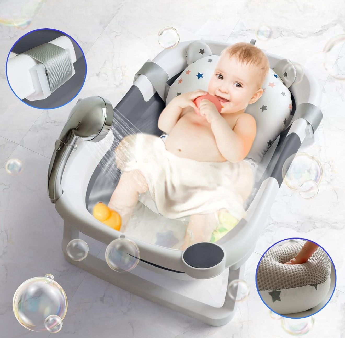 Kokkupandav silikoonist beebivann padja ja temperatuurianduriga