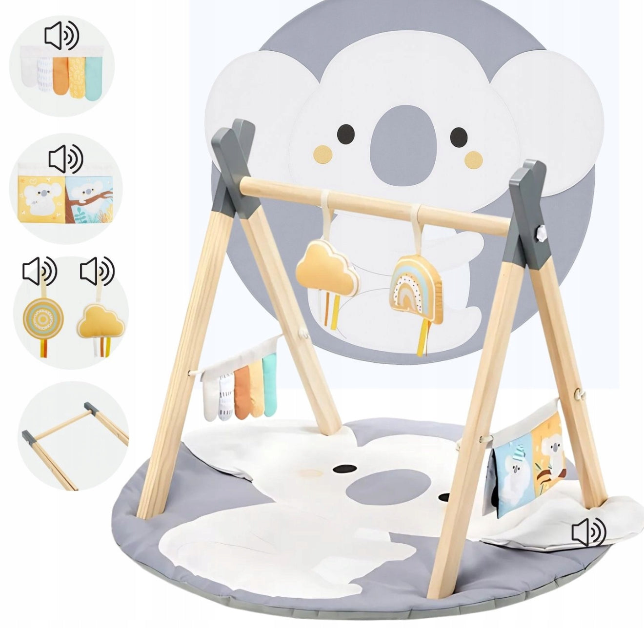 Hariv interaktiivne matt beebidele "Koala" puidust kaare ja mänguasjadega