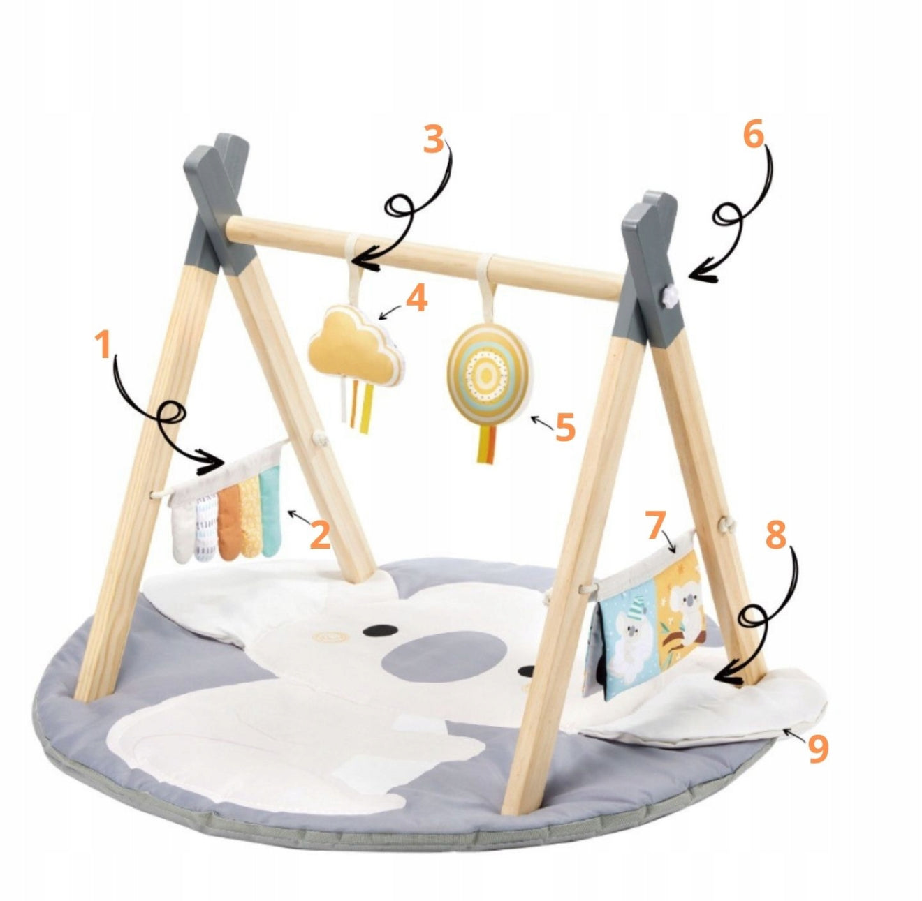 Hariv interaktiivne matt beebidele "Koala" puidust kaare ja mänguasjadega