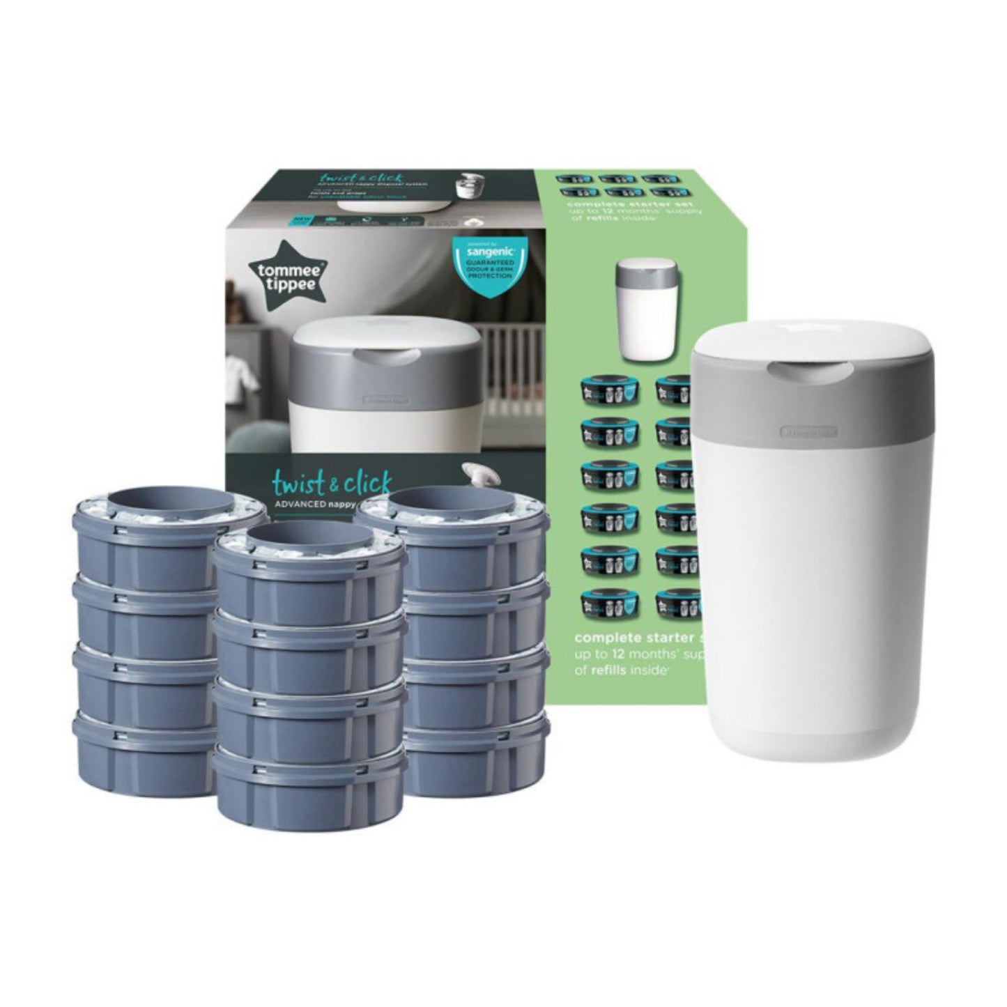 TOMMEE TIPPEE TWIST AND CLICK ADVANCED Sauskelnių konteinerio ir 12vnt. Kasečių rinkinys, WHITE