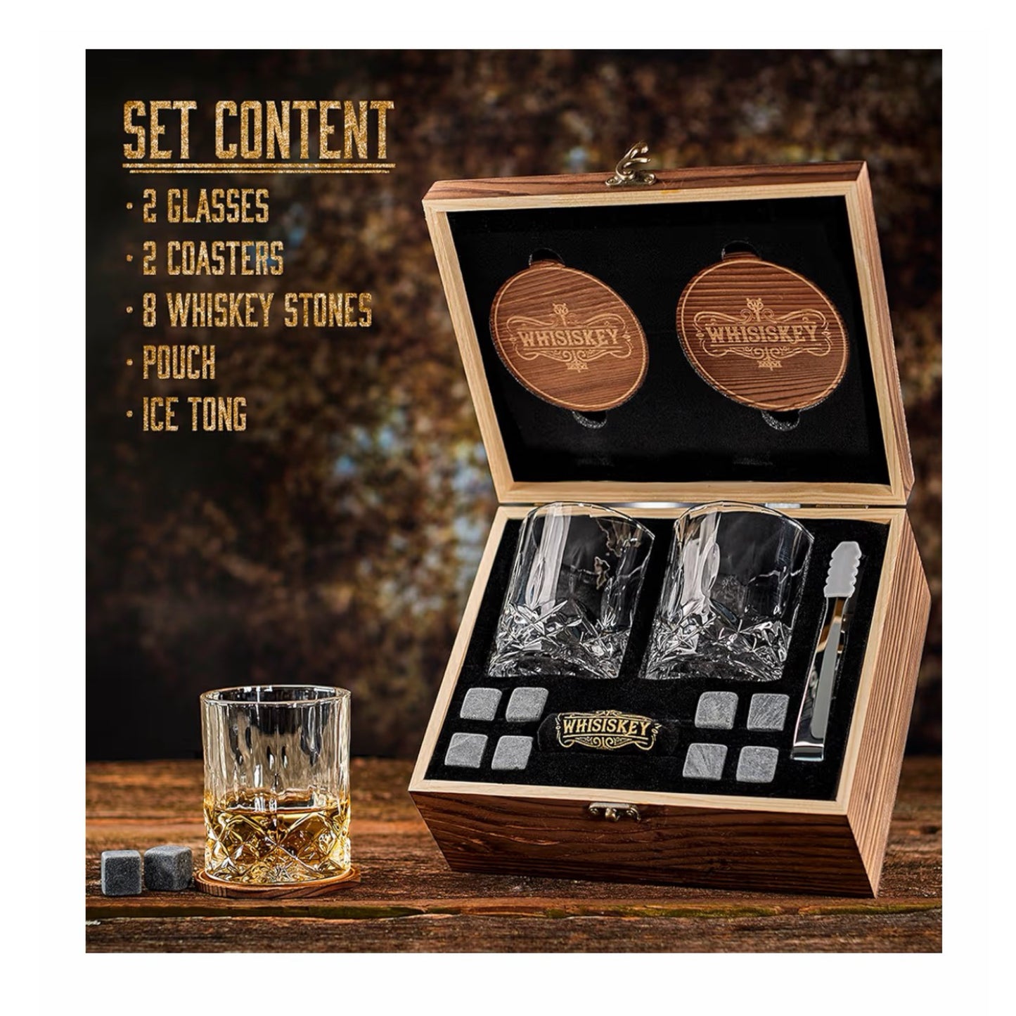 Premium Whisky Dovanų Rinkinys Vyrams (2 taurės + 8 akmenukai + priedai)