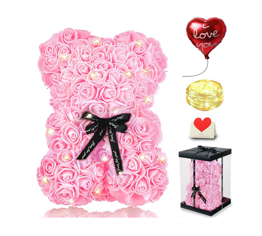 Rožių meškiukas su LED švieselėmis – romantiška dovana jai