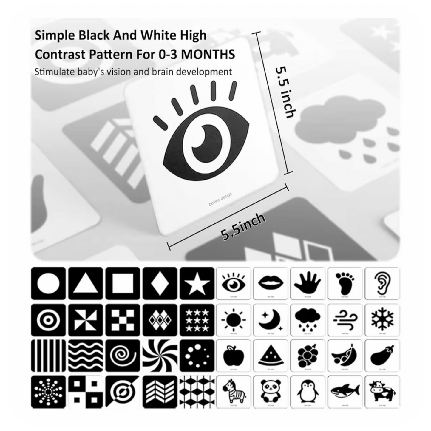 Juodai baltos sensorinės kortelės kūdikiams (0–12 mėn.)
