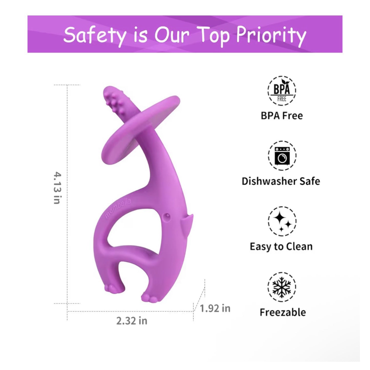 Mombella 2-in-1 silikoninis kramtukas su laikikliu „Drambliukas“