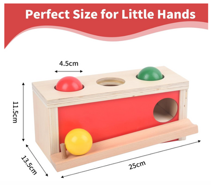 Montessori medinė objektų pastovumo dėžutė su kamuoliukais (9 – 18 mėn.)