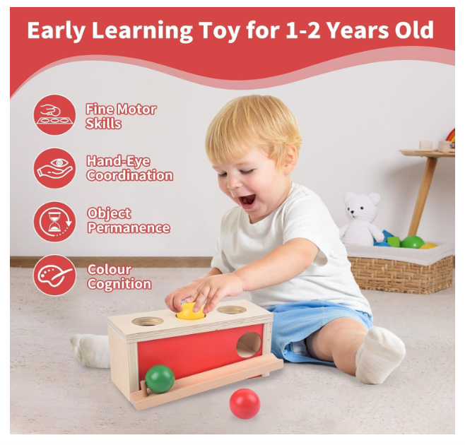 Montessori medinė objektų pastovumo dėžutė su kamuoliukais (9 – 18 mėn.)