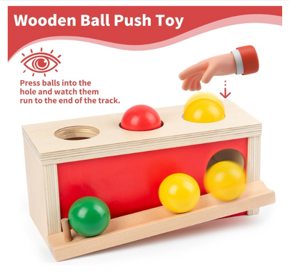 Montessori medinė objektų pastovumo dėžutė su kamuoliukais (9 – 18 mėn.)