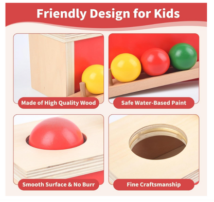 Montessori medinė objektų pastovumo dėžutė su kamuoliukais (9 – 18 mėn.)