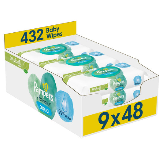 Pampers Harmonie Aqua niisked salvrätikud, 9 × 48 tk (432 tk)