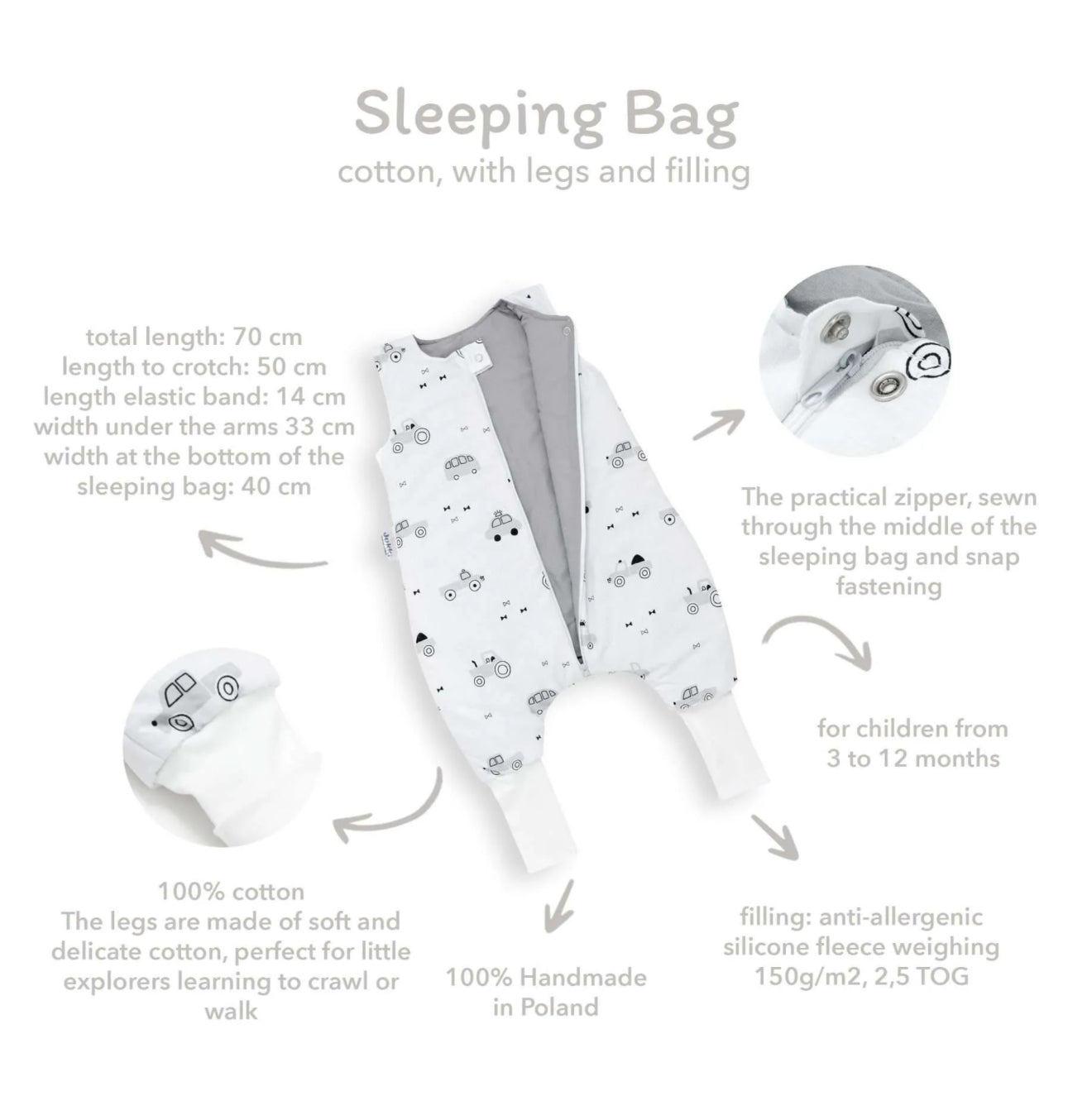 JUKKI "Hallid tähed" magamiskott jalgadega 2.5 TOG (3-12 kuud)