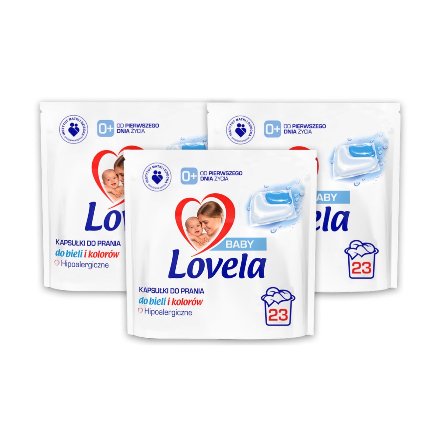 Lovela Baby hipoalerginės skalbimo kapsulės kūdikių ir vaikų drabužiams – 3 × 23 vnt. (69 kapsulės)