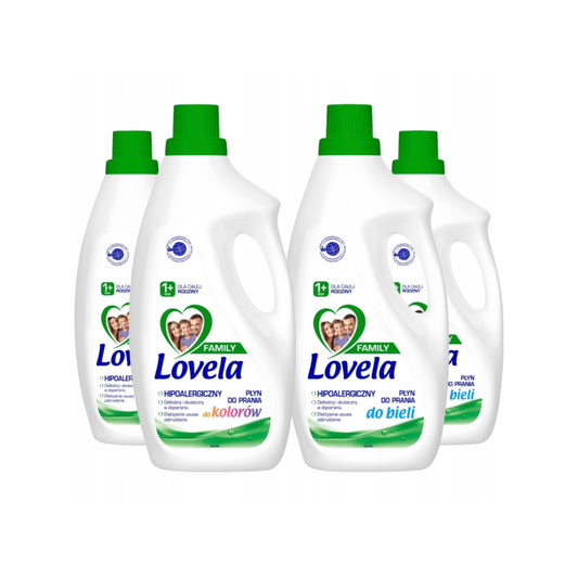 Lovela Family hipoalerginių skalbimo skysčių rinkinys visai šeimai – baltiems ir spalvotiems drabužiams, 4×1,85l (7,4l)