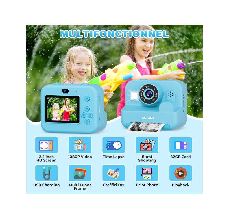Laste kiirpildikaamera selfirežiimiga – 1080P HD, 16x suum, 32 GB mälukaardi ja 3 filmirulliga (sinine)