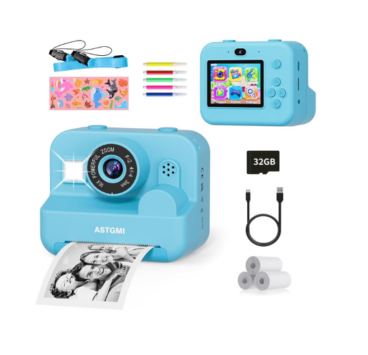 Vaikiška Momentinė Kamera su Seflie Režimu – 1080P HD, 16x Zoom, su 32GB Kortele ir 3 Spaudos Ritinėliais (Mėlyna)