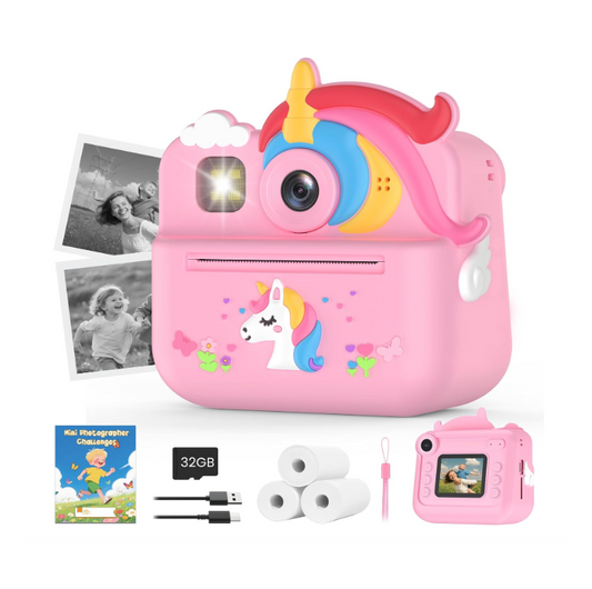 Vaikiška Momentinė Kamera „Unicorn“ – 1080P HD, 48MP, su 32GB Kortele, Dviguba Kamera ir Momentine Spauda